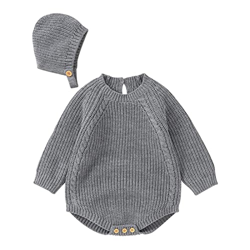 Neugeborenes Baby Solid Knit Strampler Baumwolle Langarm Junge Mädchen Pullover Kleidung Baby Body mit niedlichem Hut Set Baby Strickjacke Mädchen 56 (Grey, 0-3 Months)