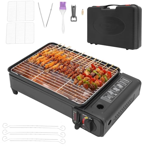 Camping Gasgrill 2,2 kW Tragbar mit 2 Grillrosten & Tragetasche, Tischgasgrill mit Piezo-Zündung & Fettauffangschale, Gaskocher Grill 2-in-1 für Kartuschen & Gasflaschen - Ideal für Balkon Garten