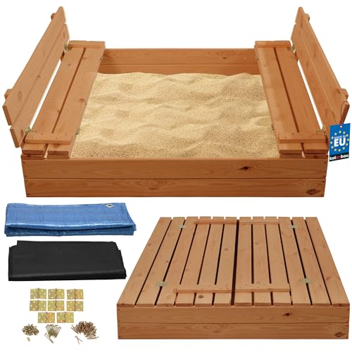 KOTARBAU® Sandkasten mit Abdeckung - 120 x 120 cm - Sandkiste aus Holz - Sandkasten mit Deckel & Sitzbänken - Gartenspielzeug für Kinder - mit Sandkastenvlies - Imprägniert - Holz - Braun