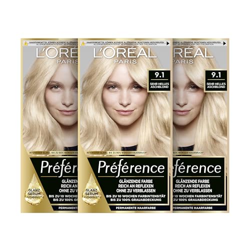 L'Oréal Paris Permanente Haarfarbe, Haarfärbeset mit Coloration und Farbglanz-Pflegebalsam, Préférence, 9.1 Sehr Helles Aschblond, 3er Set