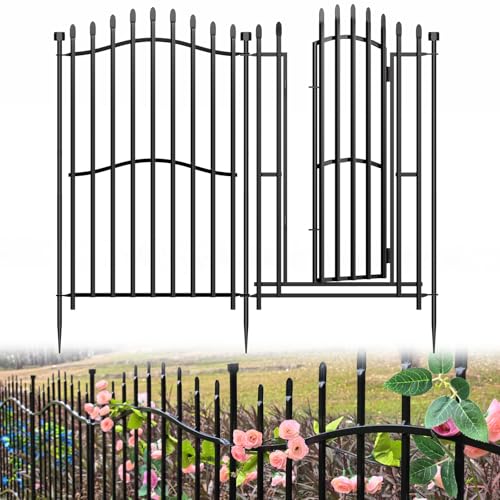10 Paneele Steckzaun Dekorativer Gartenzaun Metall mit Tür – 102 cm hoch x 7 m lang, robuster Vierkantrohr-Tierschutz, rostfreier Hundezaun für Hof und Terrasse im Außenbereich