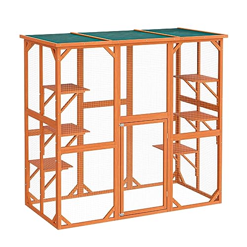 Wiltec Freilaufgehege Katzen 168 x 82 x 166,5 cm mit 6 Liegeflächen, wetterfestes Katzengehege Garten, Katzenhaus mit Drahtgitter und Bitumen Dach