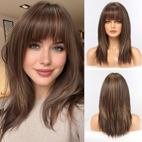 HAIRCUBE Damen Perücke Gerade Perücken für Dame Schulterlang Braun Perücke Synthetische Perücken mit Bangs Täglich Cosplay