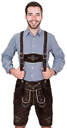 Bayerische Herren Trachten Lederhose kurz, Trachtenlederhose mit Trägern, original in Dunkelbraun, Oktoberfest, Größe 50