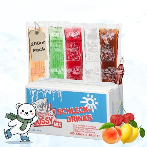 Bussy Mix 200x 40ml Schleck-Drinks – Wassereis zum Einfrieren – verschiedene Sorten – Eis zum Selber Einfrieren – Party Eis für Kinder & Sommer & HLKauf-Block