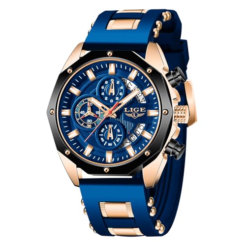 LIGE Herren Uhren Armbanduhr Herren wasserdichte Retro Uhr Leuchtendes Chronograph Blaues Silikonarmband Quarz Analog Herrenuhren mit Datum Vintage Watches Geschenk für Männer,Rose Gold Blau