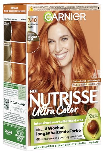 Garnier Nutrisse Pflegende Intensivtönung mit nährenden Fruchtölen, Coloration mit 8 Wochen Halt, Farbsensation Haarfarbe, 7.40 Strahlendes Kupfer