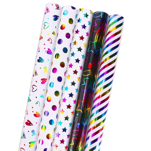 woric 5 Rollen Geschenkpapier Geburtstag, 43cm x 3m Geschenkpapier Rolle Bunt Geschenkpapierrolle Set für Kindergeburtstag Hochzeit Ostern Muttertag (Bunt)