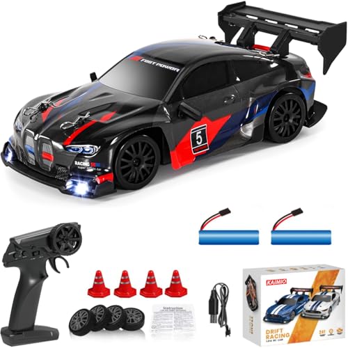 KAIMIO RC Drift Car im Maßstab 1:24 4WD, 2,4 GHz, 30 km/h, Hochgeschwindigkeits-Rennsport-Spielzeugauto mit LED Leuchten Renn und Drift Rädern (8607-Schwarz)