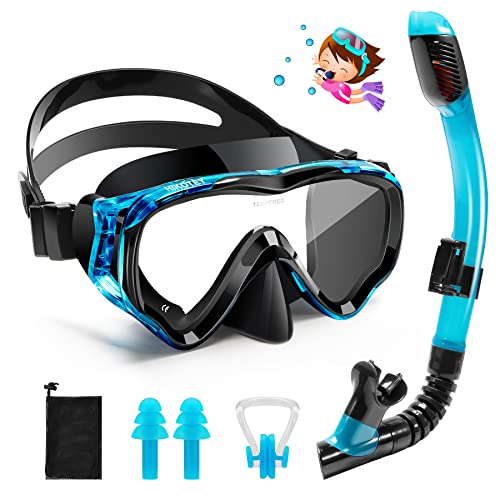 Schnorchelset Kinder, HIKOTEY Trocken Schnorchelset Kinder Anti-Fog Panorama, Anti-Leck Tauchmaske Dry Schnorchel mit Wasserdichte Ohrstöpsel, Schnorcheln Set für Jungen (4-12 Jahre) - Blau + Schwarz