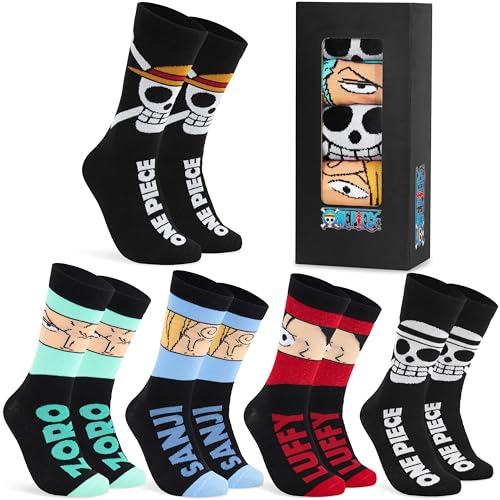 One Piece Socken Herren & Teenager, 5er-Pack, Lustige Socken, Coole Anime Herrensocken, Geschenk für Männer und Fans (41/46 EU, Schwarz)
