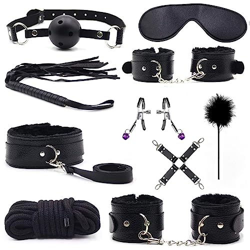 BDSM set mit 10 Stück,SM Bett Sets,Bondage-Set Federpeitsche und Augenmaske, Fesseln Handschellen Fußfesseln Gefieder Nippelklemmen Fetisch Sexspielzeug Fessel-Set zur Befestigung am Bett für Paare1