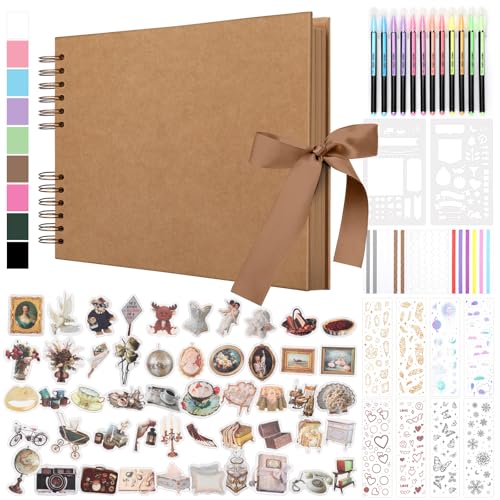 DazSpirit 80 Leere Seiten Fotoalbum zum Selbstgestalten, DIY Scrapbook Fotobuch zum Einkleben, mit 12 Marker & 7-Aufkleber, Gästebuch Ideal für Geburtstag Familie, Hochzeiten, Reisen, Khaki