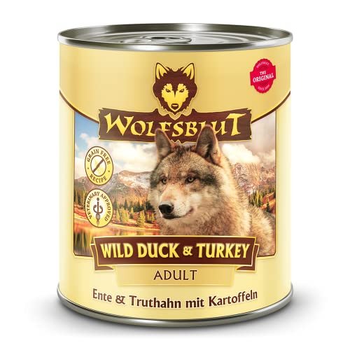 WOLFSBLUT – Wild Duck & Turkey Adult | Nassfutter mit natürlichen Zutaten und Superfoods für ausgewachsene Hunde. Getreidefreies Alleinfutter ohne Zusatzstoffe in der Dose | 6x800g