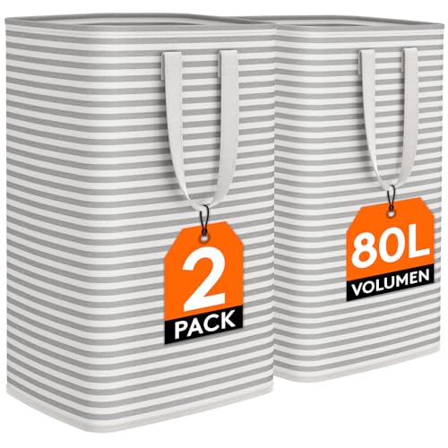Lifewit 2er Set 80L Wäschekorb, Großer Faltbare Wäschebox, Wäschesammler, Wäschesortierer, Aufbewahrungsbox mit Griffen für Kleidung, Handtücher, Spielzeug, Grau