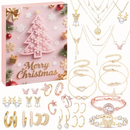 Schmuck Adventskalender 2025 Frauen & Mädchen, 25 Überraschungen - Armband Halskette Ring Ohrringe, adventskalender schmuck gold, Weihnachtskalender Blindbox, Countdown Kalender