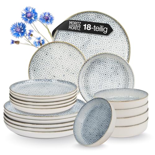 Moritz & Moritz ALHAMBRA Geschirrset 6 Personen 18-tlg. aus hochwertigem Porzellan - Modernes Tafelservice in Blau - Pflegeleichtes Geschirr Set aus je 6x Speiseteller, Dessertteller und Schalen