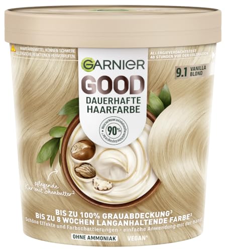 Garnier GOOD Dauerhafte Haarfarbe 9.1 Vanilla Blond, permanente Coloration, ohne Ammoniak, bis zu 100% Grauabdeckung, bis zu 8 Wochen langanhaltende Farbe, einfache Anwendung, angenehmer Duft, 1 Stk.