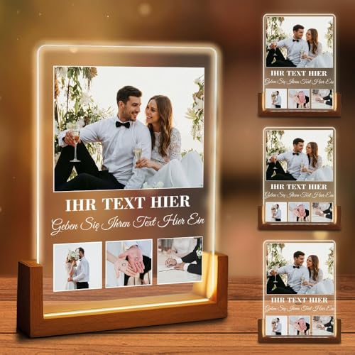 Plexido Personalisiertes Geschenk – LED Lampe mit Vier Fotos – Geschenk für Frauen, Männer und Paare – Lichtbild mit Text und Fotos – Geschenkidee zum Hochzeitstag, Jahrestag, Geburtstag