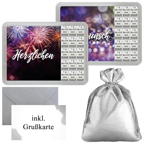 Silberbarren „Herzlichen Glückwunsch“ in Flip-Motivbox – Feinsilber 999 CombiBar – Geschenkset mit Grußkarte – mit Echtheitsgarantie von Silberstücke24 (15g Silber)