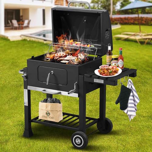 Strattore Holzkohlegrill XL BBQ Grillwagen Verstellbarer Standgrill mit Deckel Quadratischer Barbecue Gartengrill aus Eisen - Garten Camping Terrasse - Grillrost und Thermometer Holzkohle Grill