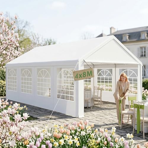 YRHome Premium 4x8M Partyzelt Pavillon,Wasserdicht & Winterfest,Einfach Aufzubauen,Stabil mit Seitenteilen & Fenstern,PE-Dach Garten Hochzeit Weiß