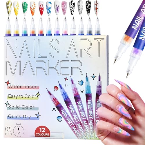 12 Farben Nagellack Stift Set, 0,5 mm Nail Art Marker für 3D-Nagelkunst, Diy Nagellackstifte für Nägel, Premium-Schnelltrocknungsformel, Splitterfest, für Frauen und Mädchen