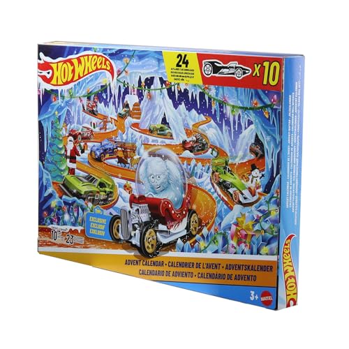 Hot Wheels Spielzeugautos und Spielset, Adventskalender 2026 mit 10 Fahrzeugen im Maßstab 1:64, 14 winterlichen Zubehörteilen und 10 Clips zum Befestigen, JLG41