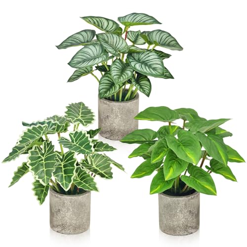 SHEPIN 3 Stück Kunstpflanze Wie Echt, Künstliche Pflanzen im Topf Zimmerpflanzen, 24cm Kunstpflanzen Dekopflanze Fake Plant Plastik Pflanze für Badezimmer Büro Küche Badezimmer (Zellstoffbecken)