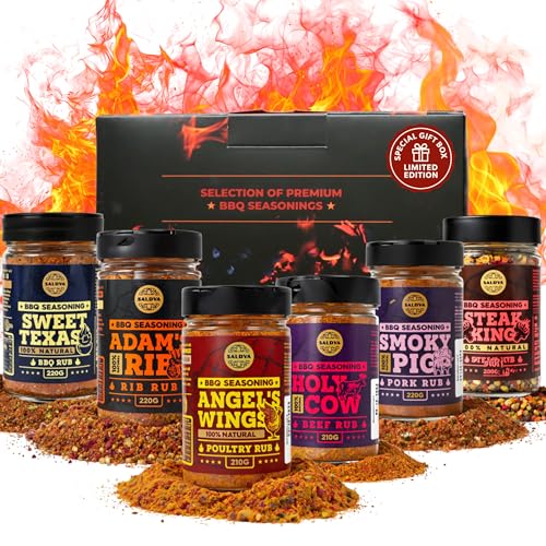 Meat Lovers BBQ Rub Geschenkset – Holy Cow, Angel’s Wings, Smoky Pig, Sweet Texas, Steak King & Adam's Ribs | Packung mit 6 | 100 % natürlich | Gewürzgeschenk für Foodies