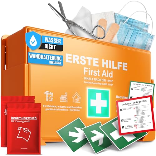 HELDENWERK® Erste Hilfe Kasten Version 2026 [DIN 13157:2021] inkl. Wandhalterung & 5x Aufkleber | Erste Hilfe Koffer für Büro, Haushalt & Gastronomie - Betrieb Verbandskasten gefüllt, Sanitätskasten
