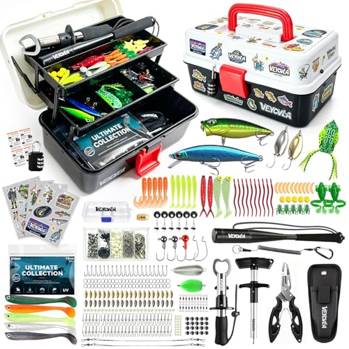 VEYCVLA 376 Stück Angelzubehör Set,Angelkoffer mit Zubehör- Fischtöter Angelzange Hakenlöser Angelzubehör,Zander,Barsch&ForellenKöder, Angelblei, Haken, Angler Geschenk für Anfänger