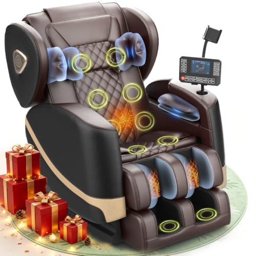 Massagesessel, Ganzkörper-Massagesessel mit Zero-Gravity, 14 Rollen und 8 Komfort-Airbags, Mit Heizfunktion für Taille und Beine Fußmassage, Bluetooth-Player und 2-in-1 Touchscreen (Schwarz + Braun)