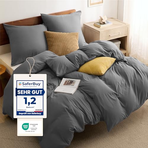 BEDSURE Bettwäsche 135x200 4teilig Anthrazit - 2 Bettbezüge 135x200 cm + 2 Kissenbezüge 80X80 cm, ÖKO-TEX Bettwäsche-Sets Grau Polyester Mikrofaser mit Reißverschluss