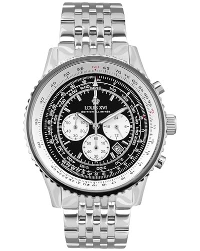 LOUIS XVI Artagnan 3420 - Ø 47.5 mm - Herren Uhr - Chronograph - Wasserdicht - Uhr mit Saphirglas - Armband Silber - Zifferblatt Schwarz