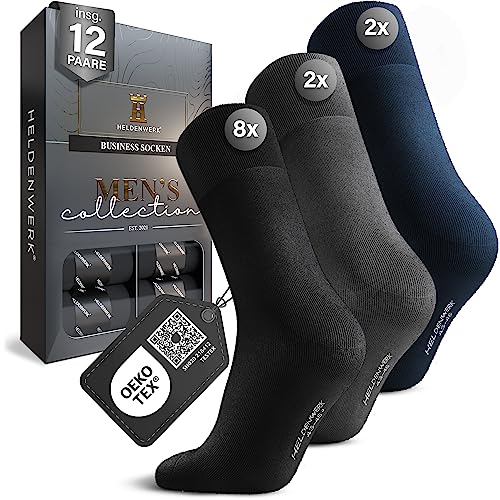 HELDENWERK 12er Pack Socken Herren I Herrensocken mit atmungsaktiver Baumwolle ohne drückende Naht I Business Männersocken, Anzugsocken (8x schwarz, 2x grau, 2x navyblau)