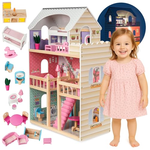 mamabrum Puppenhaus Holz ab 3 Jahre Mädchen – Großes Puppenhaus mit Möbeln & LED Beleuchtung – 3 Etagen & Zubehör – Sicheres Holzspielhaus mit beweglichen Möbeln – Geschenkidee für Kinder