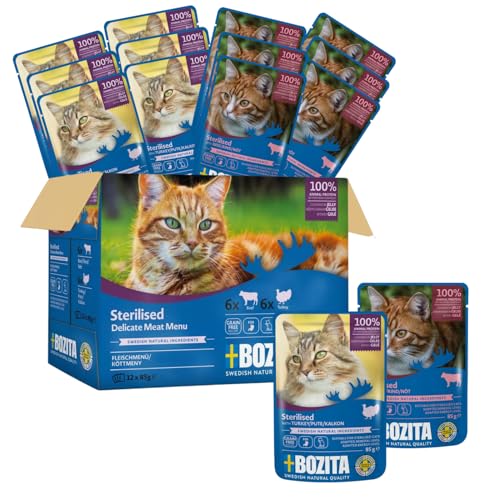 Bozita Sterilised Nassfutter Häppchen in Gelee mit Fleisch - 12x85g Portionsbeutel getreidefreies & weizenfreies Futter für Katzen - Katzen Nassfutter mit 8,5% Protein & 3,5% Fettgehalt