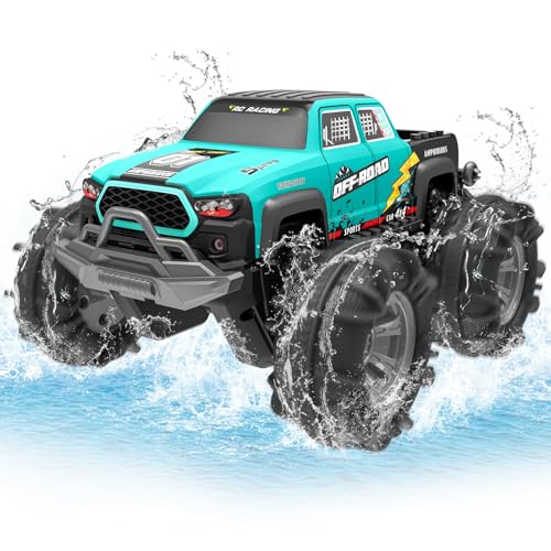 4WD Amphibisches Ferngesteuertes Auto,RC Auto wasserdicht mit Gestensensor,LED Licht & 2 Akkus,Geschenk für Jungen & Mädchen 4-12 Jahre,Spielzeugauto für Sand,Wasser & Gelände,Baustein-kompatibel