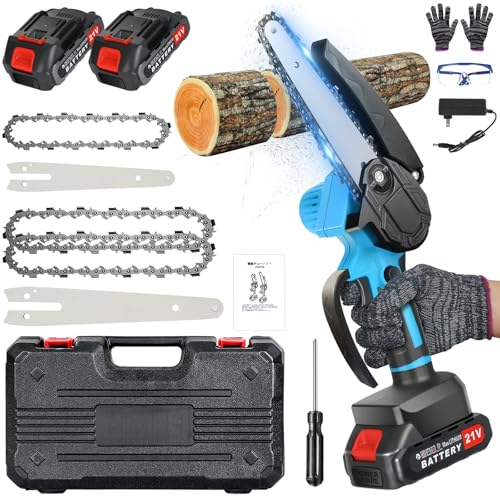 Mini Kettensäge mit Akku, 4/6 Zoll Kettensäge mit 2 * 2000mAh Akku und Ladegerät, 550W Reinkupfermotor Handkettensäge, Sicherheitsverriegelung Elektrische Handkettensäge für Garten, Äste und Holz