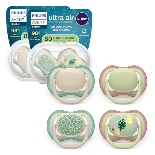 Philips Avent ultra air Schnuller – kiefergerecht geformtes Design, für Babys, 6–18 Monate, weicher, symmetrischer Silikonsauger, BPA-frei, 2 Sterilisationsbehälter, 4er-Pack, SCF087/26