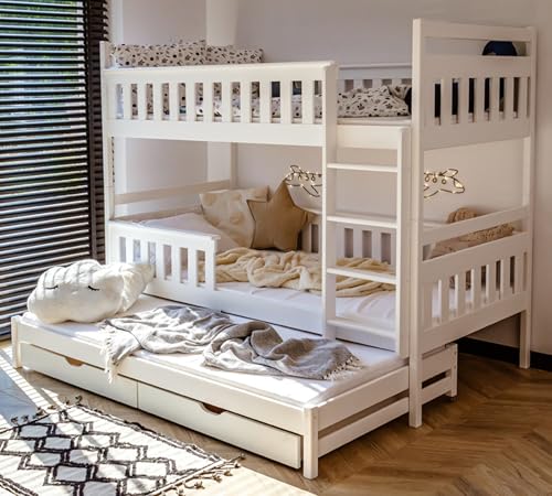 Kids Collective Hochbett 90x200 mit Ausziehbett Etagenbett mit Ausziehfunktion, Zwei Schubladen, Lattenrost, Rausfallschutz, umbaubar in DREI Einzelbetten, Vollholz massiv in Weiss 4.-18. Lebensjahr