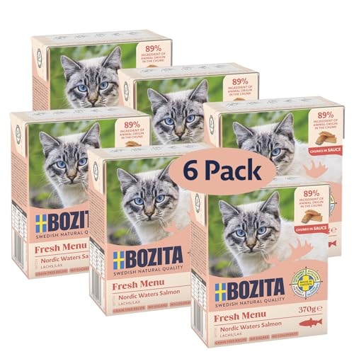 Bozita Tetra Häppchen in Sauce mit Lachs – 6x370g Getreide- & zuckerfreies Premium-Katzenfutter, ohne Gentechnik, mit 7,5% Protein und 5% Fettgehalt – leckeres Nassfutter für Feinschmecker