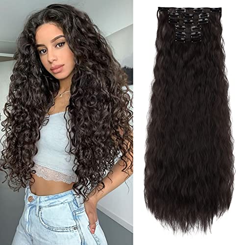 FLUFYMOOZ Clip in Extensions, 61cm 6PCS Lange gewellt Wellige Clip in Haarverlängerungen Dickes Natürliches Weiches Synthetisches Haarteil Für Frauen Mädchen Schwarz Braun