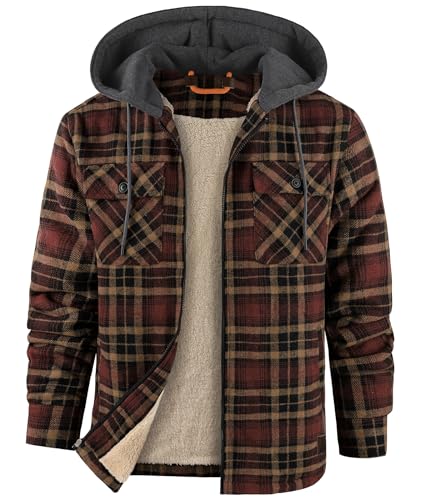 zitysport Holzfällerjacke Gefüttert Herren Hemdjacke Sherpa Fleece Kariert Jacke Fleecefutter Mantel Flanelljacke Outdoor Kapuzenjacke Kariert Männer Winterjacke mit Kapuze Sweatjacke(Gelb Braun, XL)
