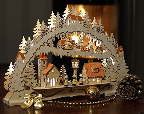 Wichtelstube-Kollektion Holzkunst LED Schwibbogen Kurrenden Schwippbogen Lichterbogen, Weihnachtsdeko Fensterbank Echtholz, Batteriebetrieben mit Timer, 44cm Breite
