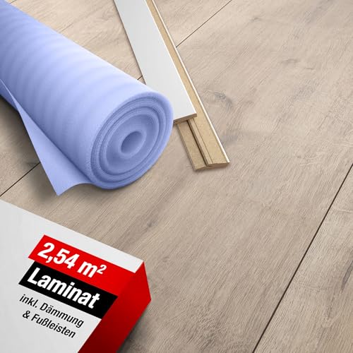LaminatDEPOT Klick Laminat [2,54 m²] inkl. Dämmung & Sockelleiste - hochwertiger Laminatboden mit einfachem Klicksystem - 6 extrabreite Landhausdielen mit 8 mm Dicke [Schlossdiele Creme]