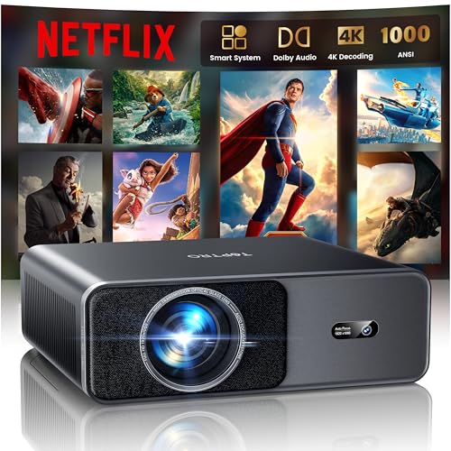 Smart Beamer 4K - [Netflix Offiziell & Dolby Audio] 1000 ANSI Autofokus & 6D Trapezkorrektur, TOPTRO Beamer 4K Heimkino WiFi 6/Bluetooth Full HD 1080P HDR10 Outdoor Projektor für Handy