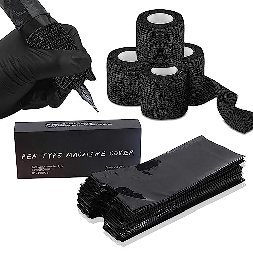 204 Stück Tattoo Grip Tape und Stift Taschen Zubehör Set, Rayyl 4 Rollen Tattoo Griff Abdeckung Wrap und 200pcs Tattoo Stift Taschen für Tattoo Zubehör
