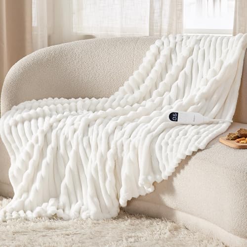 BEDSURE Heizdecke mit Abschaltautomatik 130x180cm - Geschenke für Frauen Mama, Wärmedecke mit 6 Heizstufen & 10 Stunden Timer, bis zu 8 Stunden Überhitzungsschutz, Elektrische Decke, Gestreift Weiß